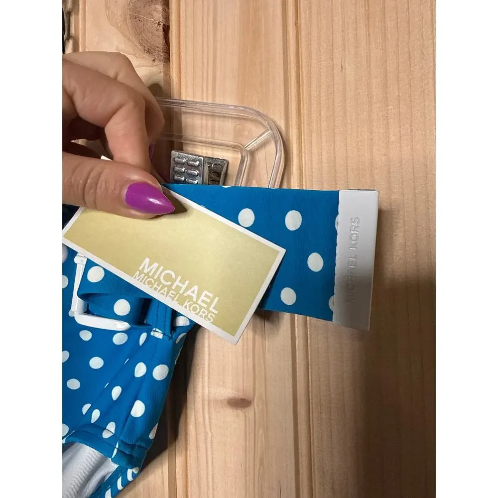NWT Michael Kors Swim Bikini Bottoms Blue Polka Dot High-Waist Belted Size XS